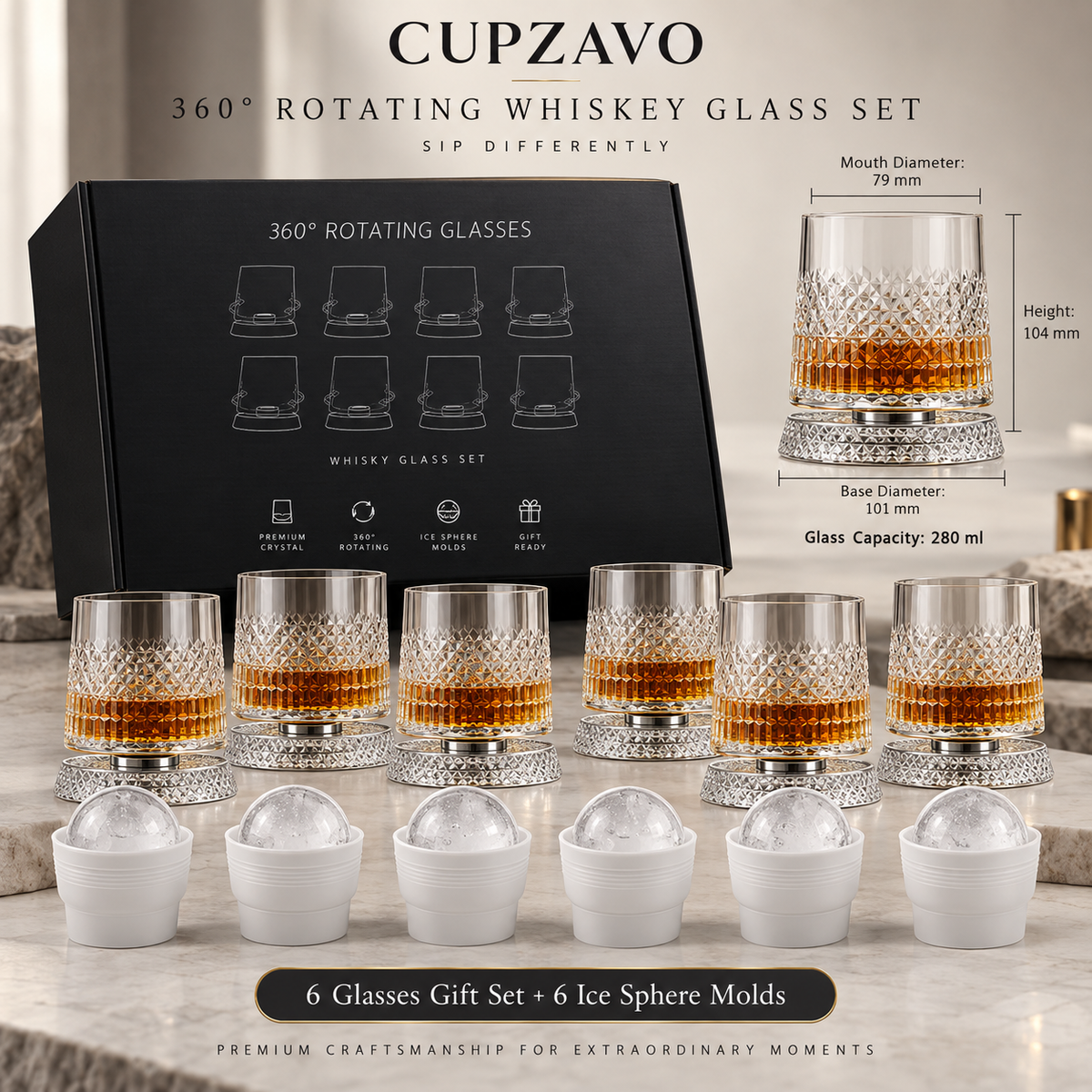 360° Rotating Crystal Whiskey Glass Set with Ice Sphere Mold