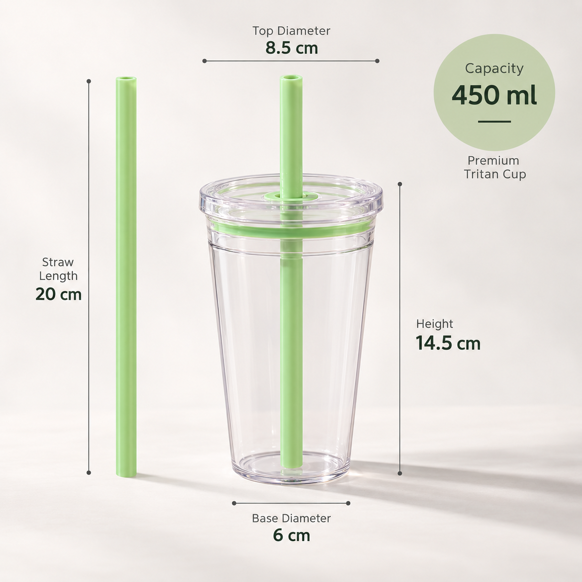 Ribbed Tritan Straw Cup – 450ml Reusable Glass-Look Tumbler with Cleaning Brush