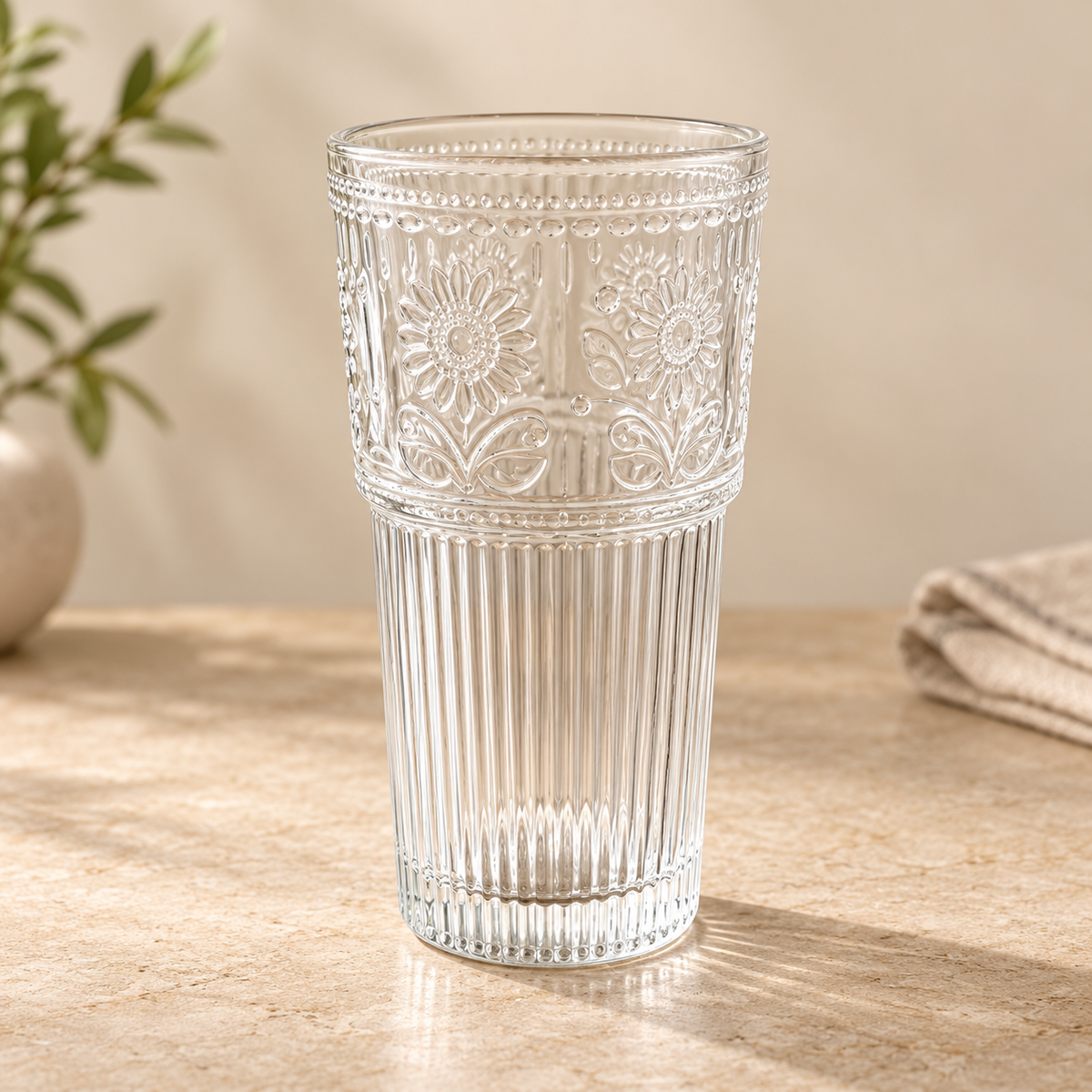 Vintage Embossed Glass Cup – Textured Drinking Glass for Coffee, Tea & Everyday Moments