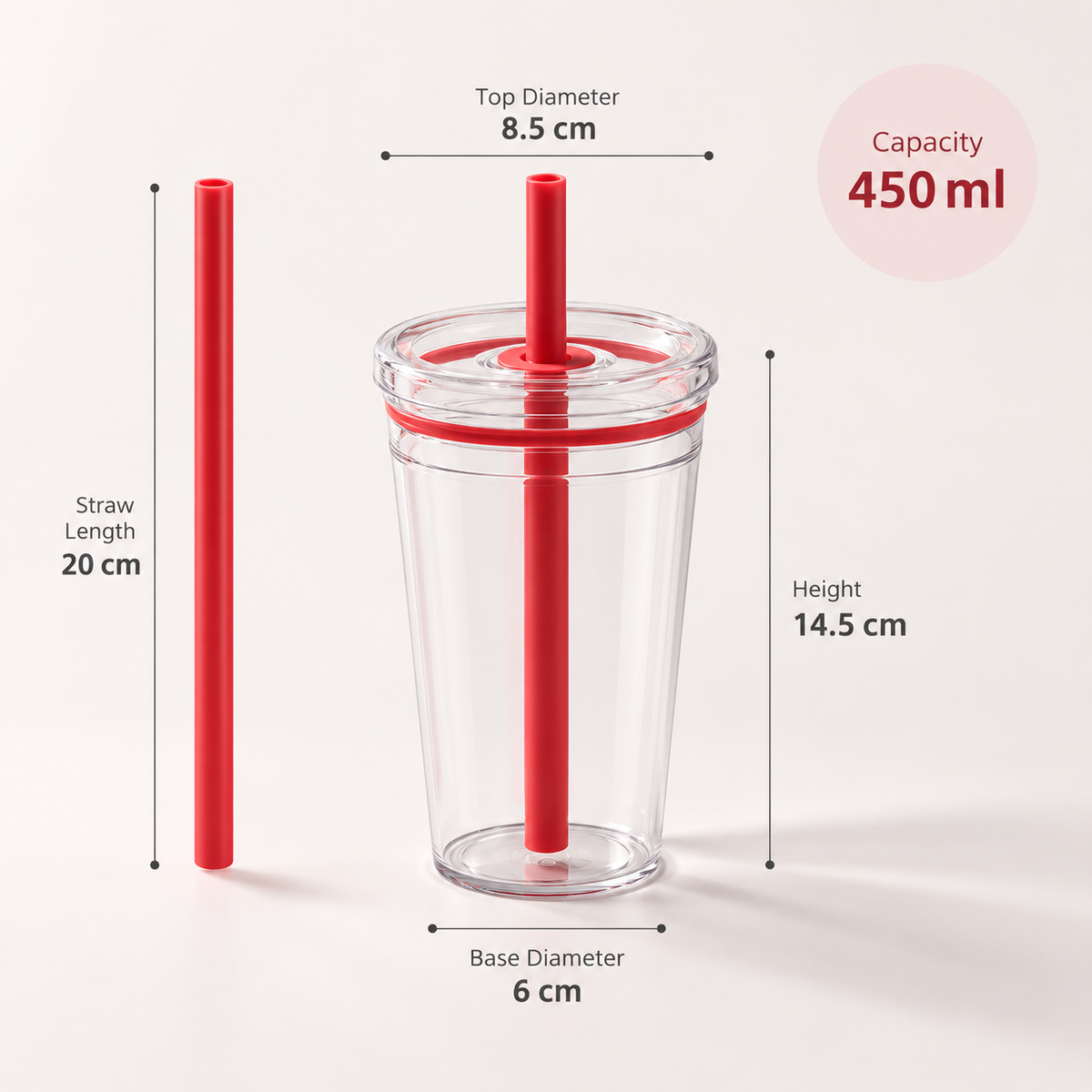 Ribbed Tritan Straw Cup – 450ml Reusable Glass-Look Tumbler with Cleaning Brush