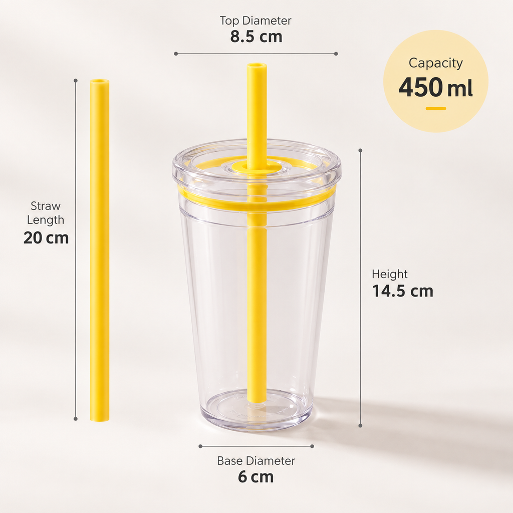 Ribbed Tritan Straw Cup – 450ml Reusable Glass-Look Tumbler with Cleaning Brush