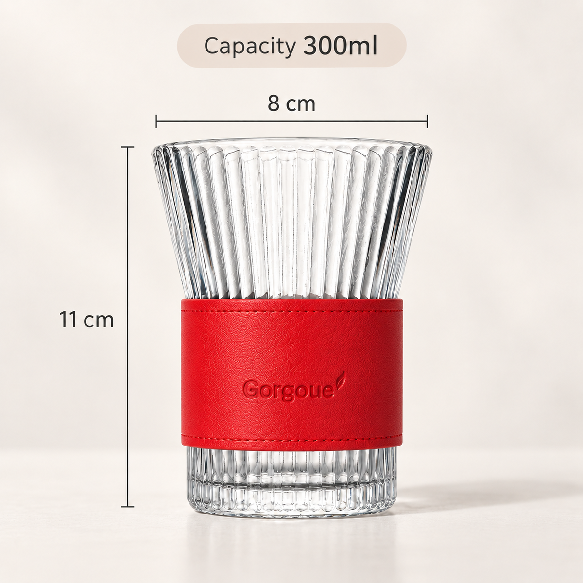 Ribbed Glass Tumbler with Leather Sleeve, 300ml Aesthetic Drinking Cup for Coffee, Tea & Everyday Drinks