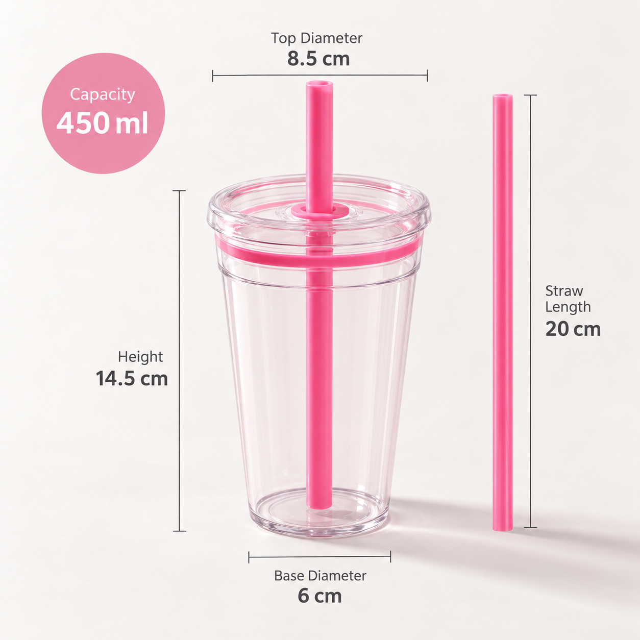 Ribbed Tritan Straw Cup – 450ml Reusable Glass-Look Tumbler with Cleaning Brush