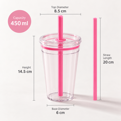 Ribbed Tritan Straw Cup – 450ml Reusable Glass-Look Tumbler with Cleaning Brush