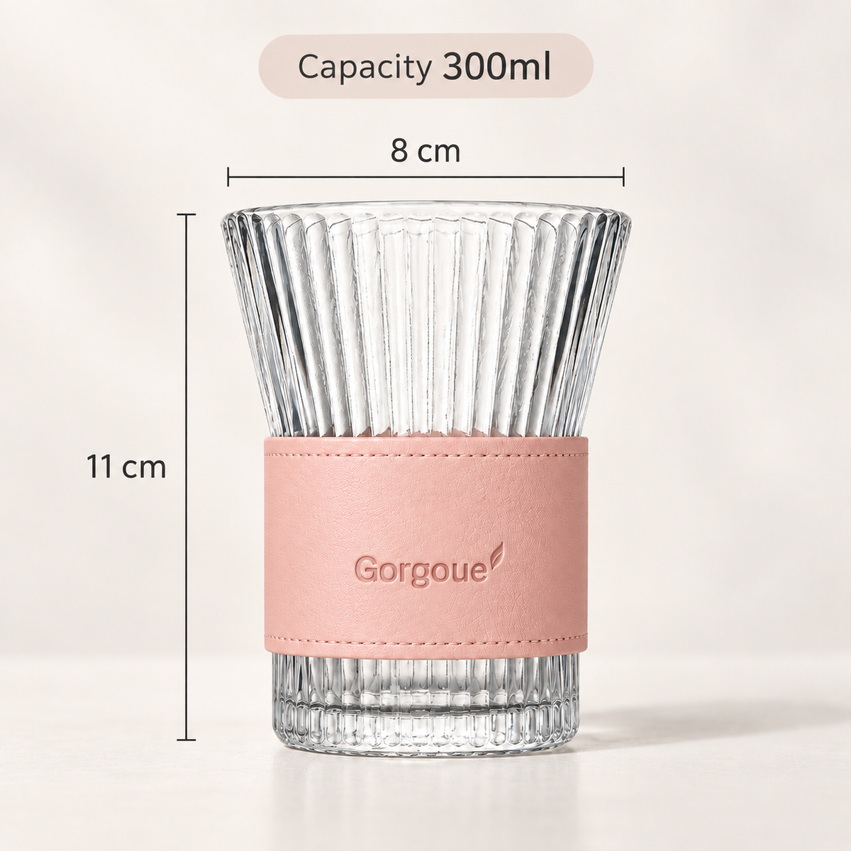 Ribbed Glass Tumbler with Leather Sleeve, 300ml Aesthetic Drinking Cup for Coffee, Tea & Everyday Drinks