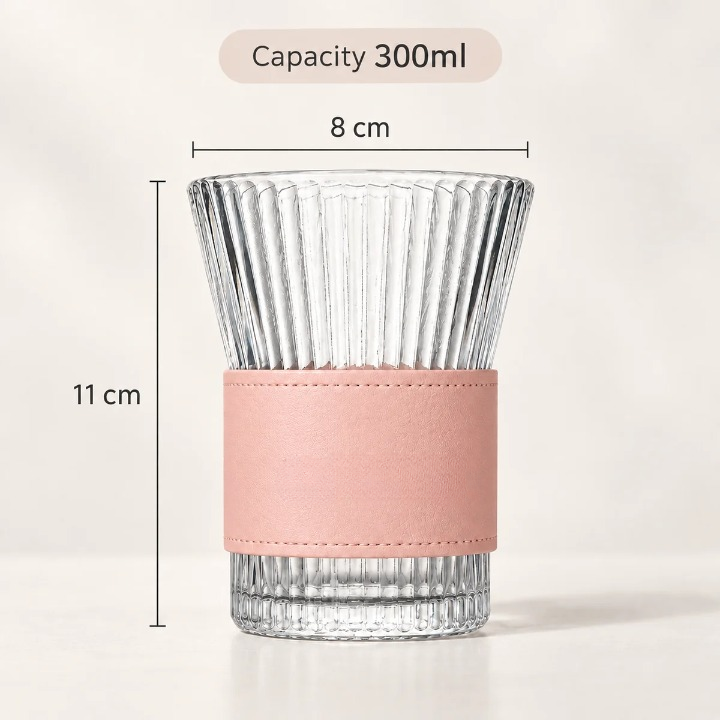 Ribbed Glass Tumbler with Leather Sleeve, 300ml Aesthetic Drinking Cup for Coffee, Tea & Everyday Drinks