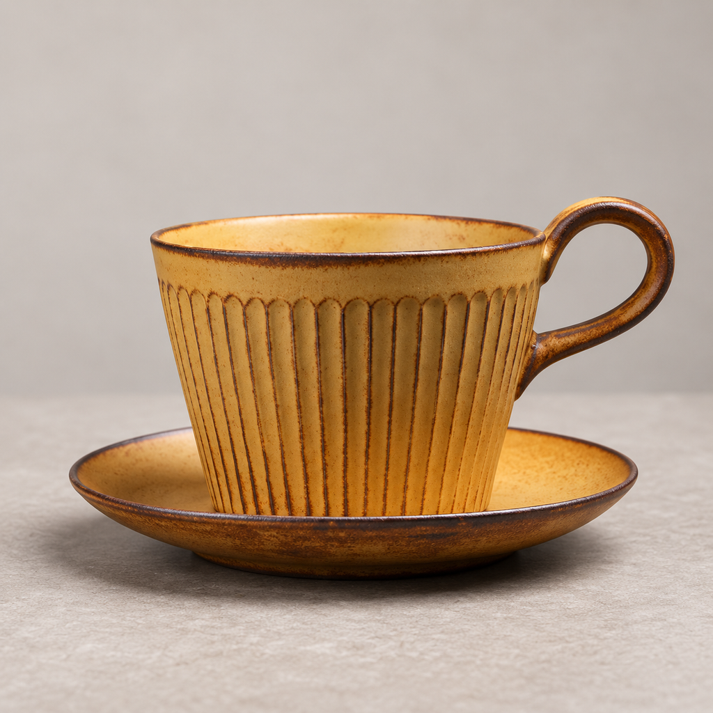 Vintage Ribbed Ceramic Coffee Mug with Saucer, Handmade Style Coffee Cup