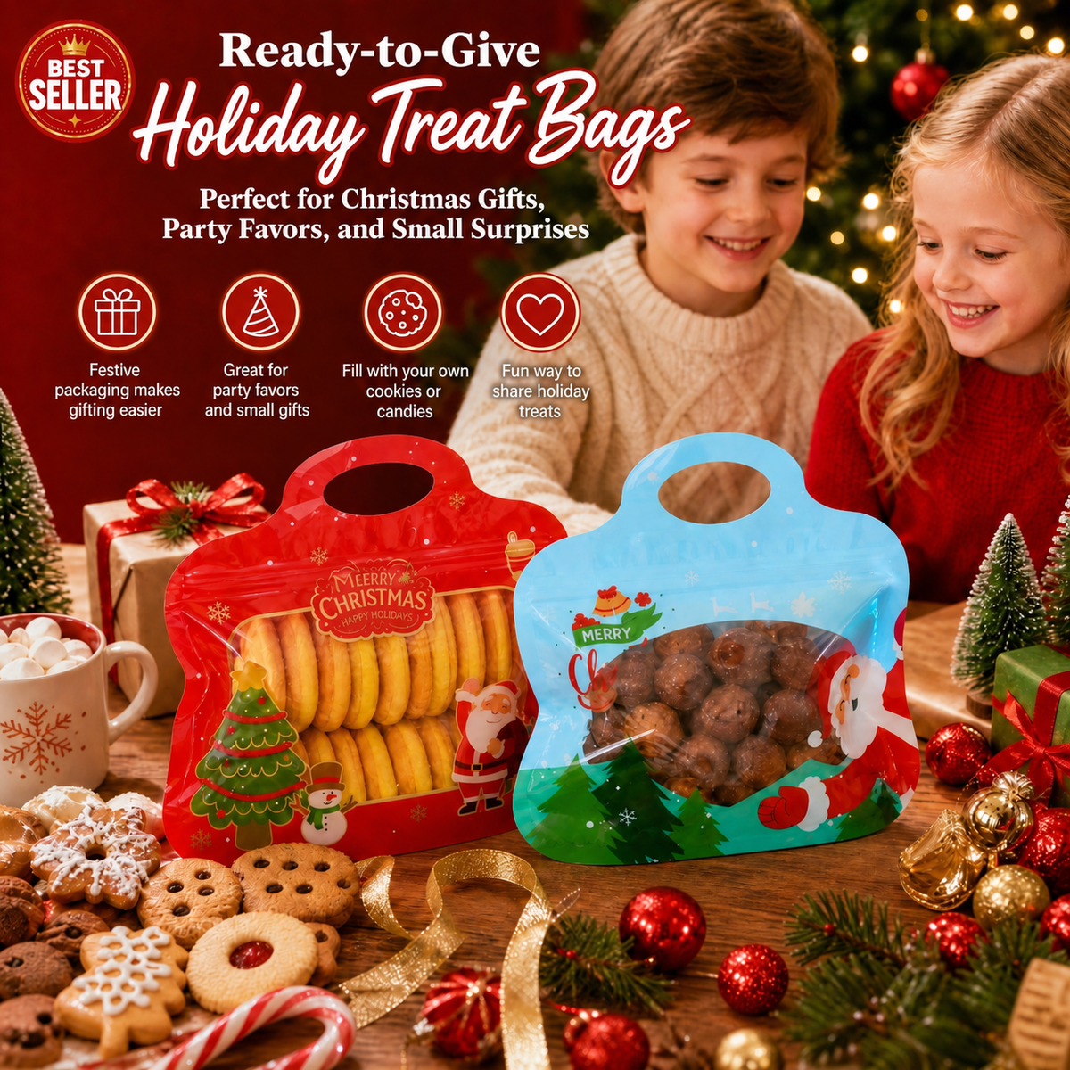 🎄Festive Self-Seal Treat Bags – Santa & Snowman Print, Food-Safe & Perfect for Cookies, Chocolates & Little Gifts🎅⛄