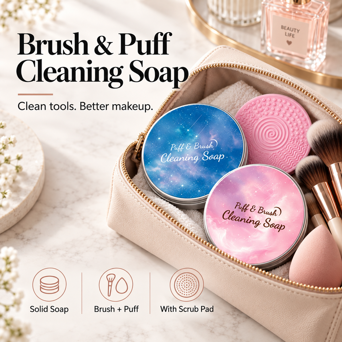 🫧 Makeup Brush Cleaning Soap with Silicone Scrub Pad