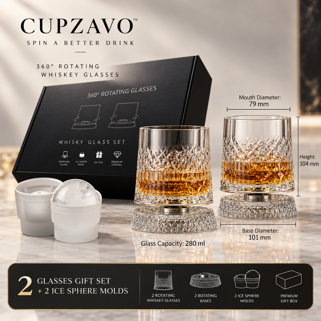 360° Rotating Crystal Whiskey Glass Set with Ice Sphere Mold