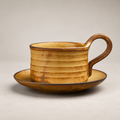 Vintage Ribbed Ceramic Coffee Mug with Saucer, Handmade Style Coffee Cup