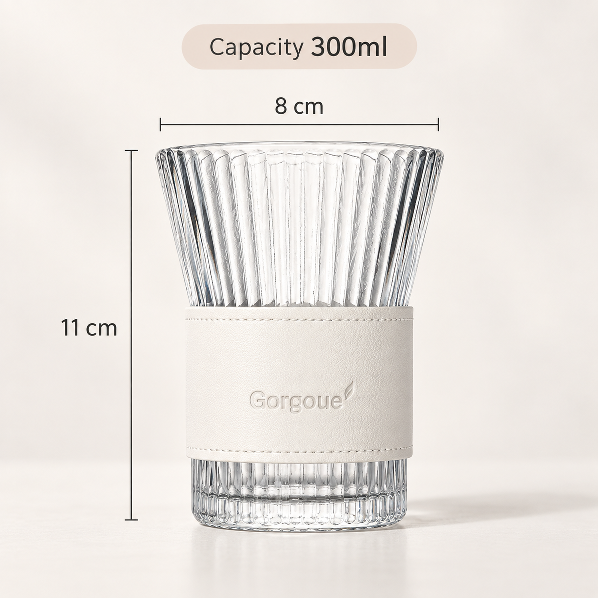 Ribbed Glass Tumbler with Leather Sleeve, 300ml Aesthetic Drinking Cup for Coffee, Tea & Everyday Drinks