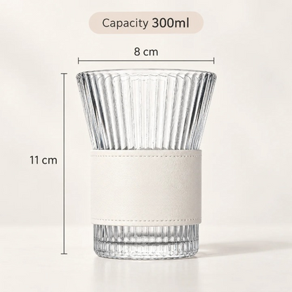 Ribbed Glass Tumbler with Leather Sleeve, 300ml Aesthetic Drinking Cup for Coffee, Tea & Everyday Drinks