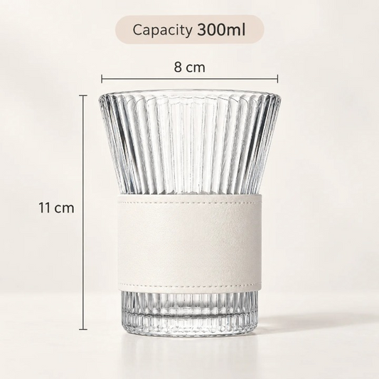 Ribbed Glass Tumbler with Leather Sleeve, 300ml Aesthetic Drinking Cup for Coffee, Tea & Everyday Drinks
