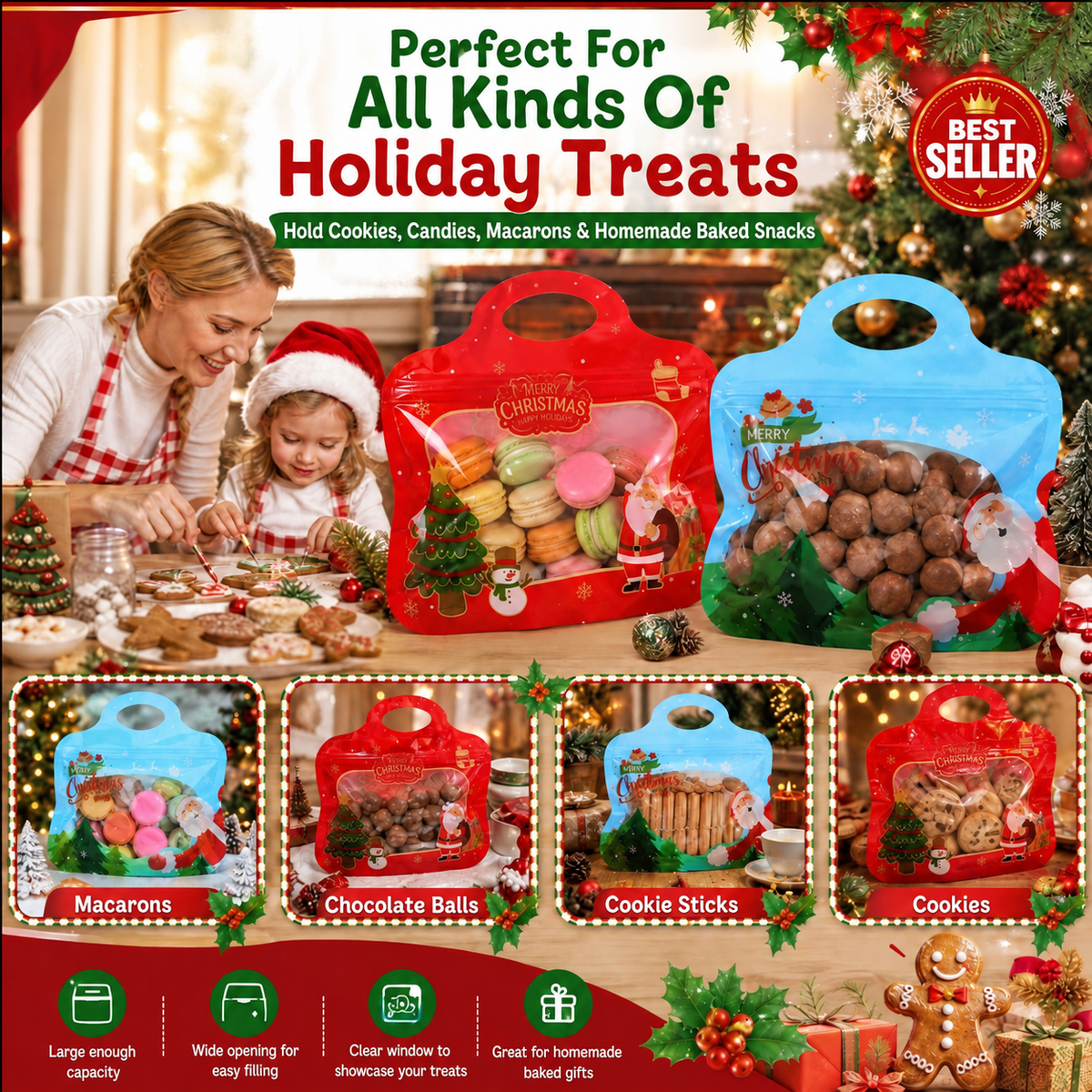 🎄Festive Self-Seal Treat Bags – Santa & Snowman Print, Food-Safe & Perfect for Cookies, Chocolates & Little Gifts🎅⛄