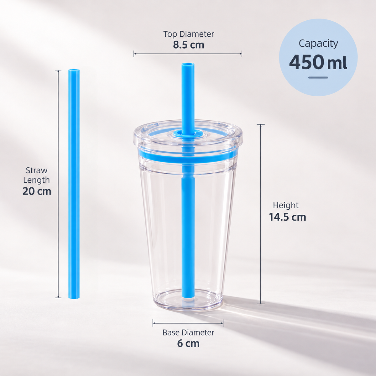 Ribbed Tritan Straw Cup – 450ml Reusable Glass-Look Tumbler with Cleaning Brush
