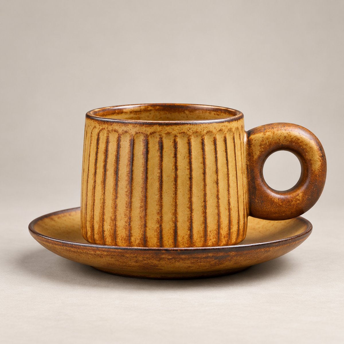 Vintage Ribbed Ceramic Coffee Mug with Saucer, Handmade Style Coffee Cup