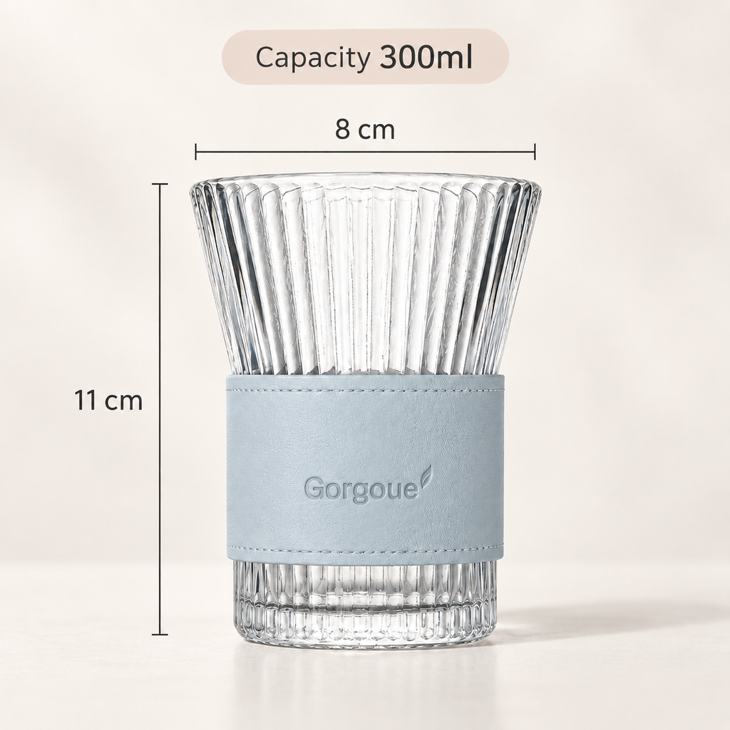 Ribbed Glass Tumbler with Leather Sleeve, 300ml Aesthetic Drinking Cup for Coffee, Tea & Everyday Drinks