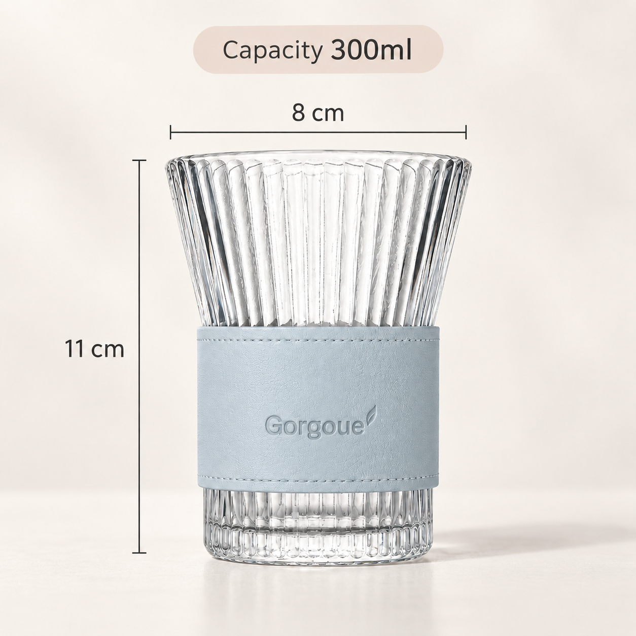 Ribbed Glass Tumbler with Leather Sleeve, 300ml Aesthetic Drinking Cup for Coffee, Tea & Everyday Drinks