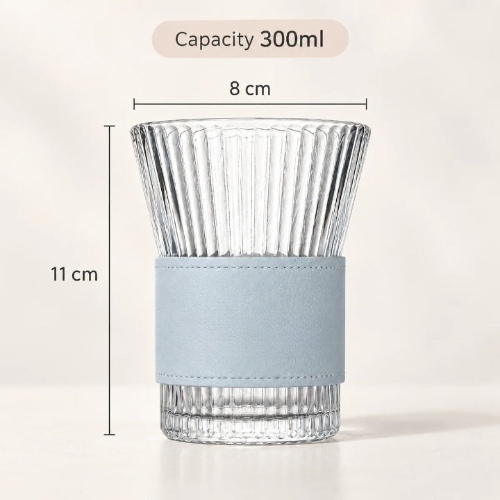 Ribbed Glass Tumbler with Leather Sleeve, 300ml Aesthetic Drinking Cup for Coffee, Tea & Everyday Drinks