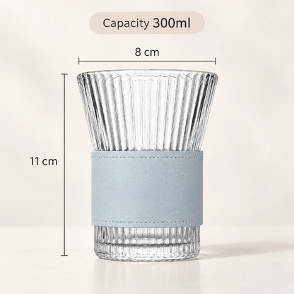 Ribbed Glass Tumbler with Leather Sleeve, 300ml Aesthetic Drinking Cup for Coffee, Tea & Everyday Drinks
