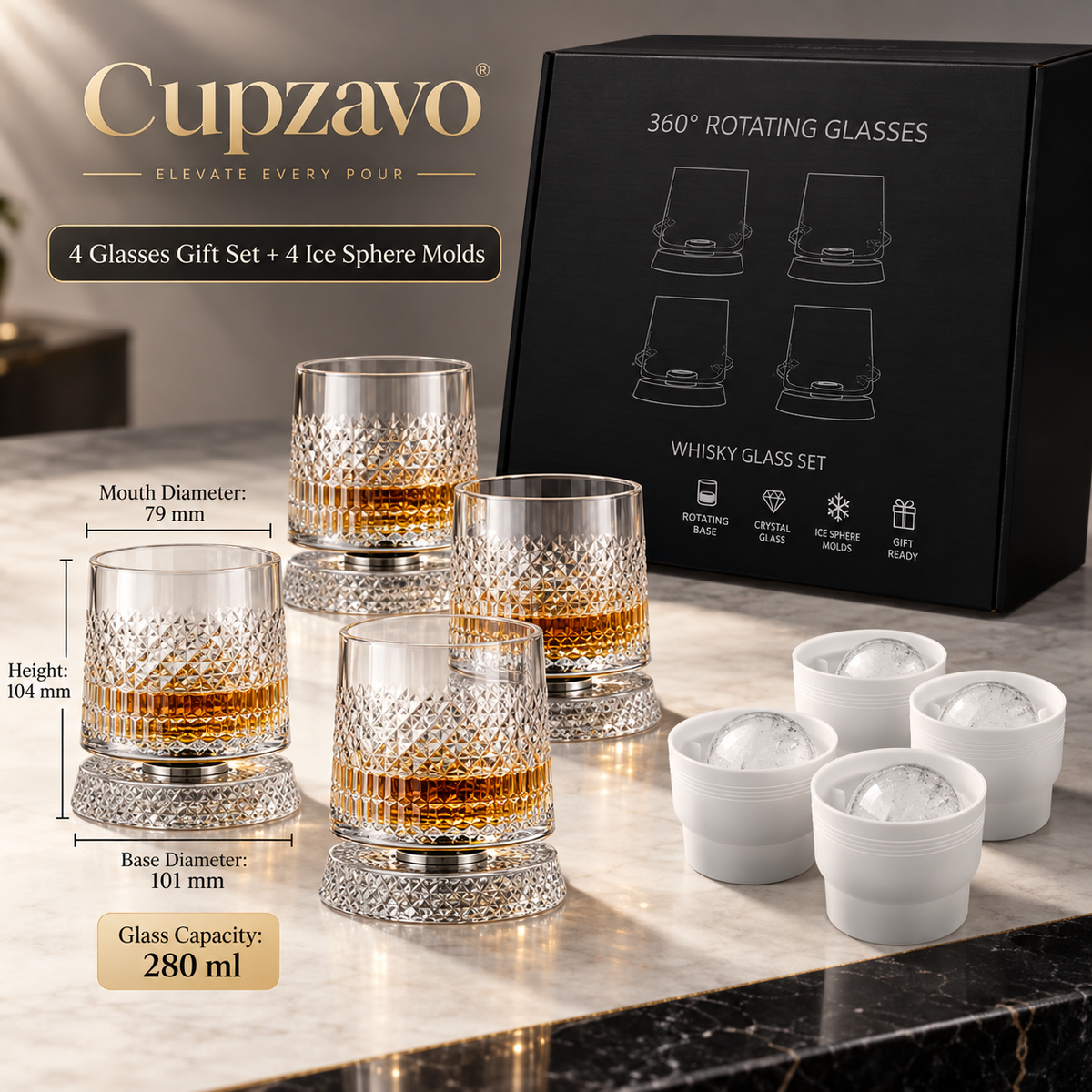 360° Rotating Crystal Whiskey Glass Set with Ice Sphere Mold