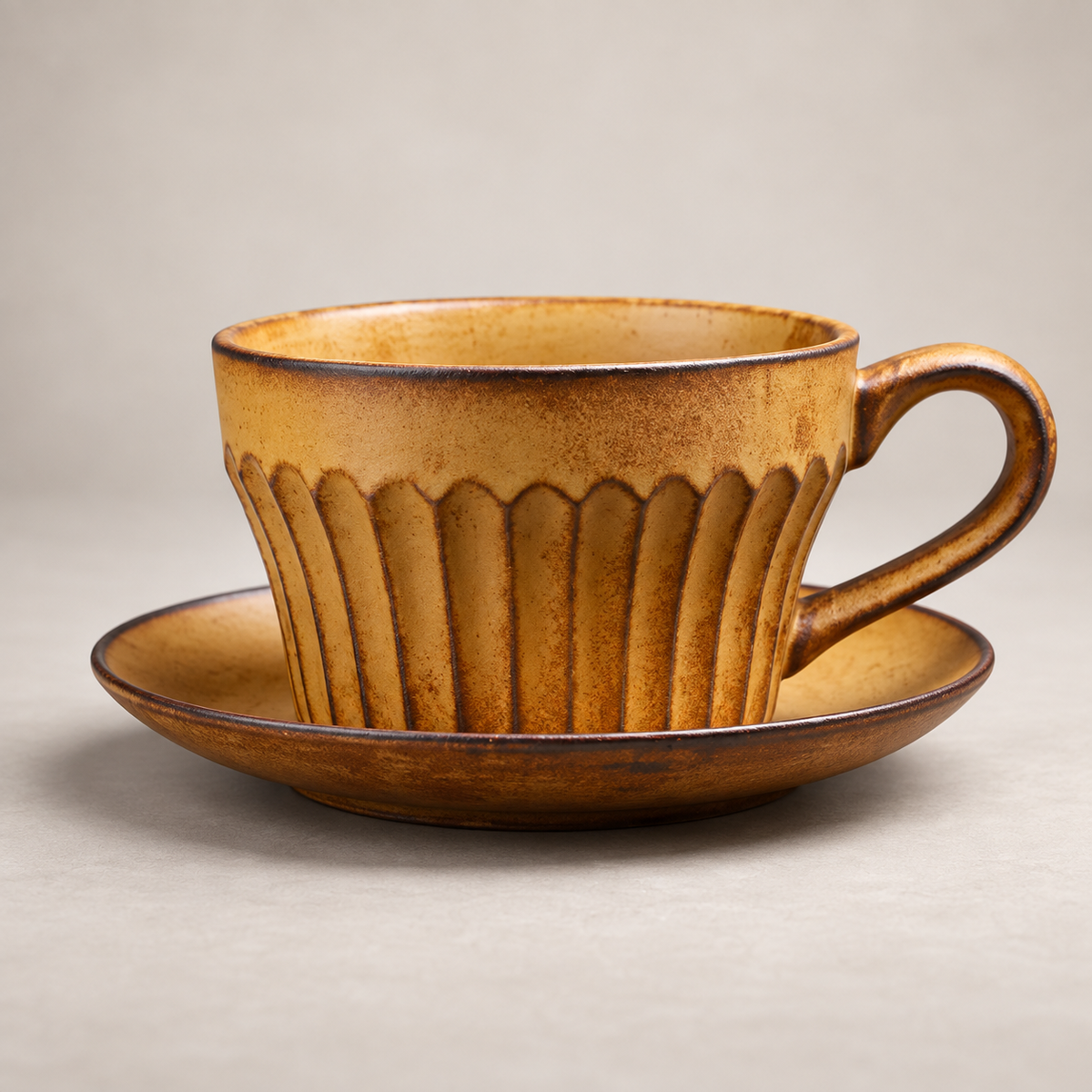 Vintage Ribbed Ceramic Coffee Mug with Saucer, Handmade Style Coffee Cup