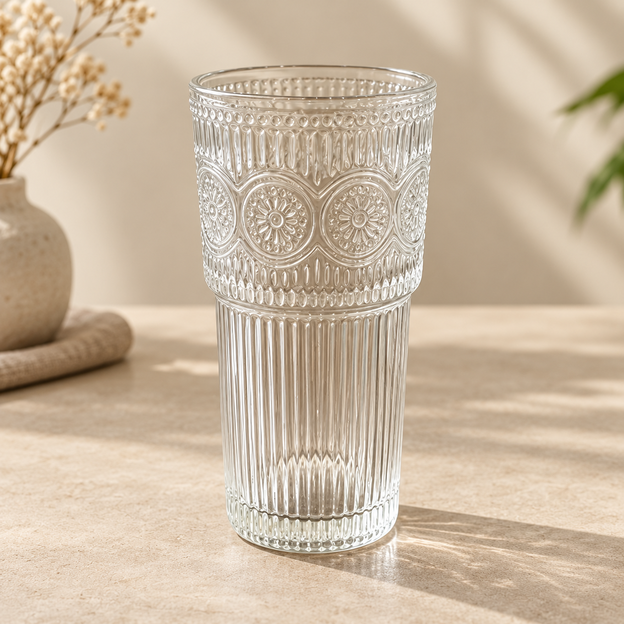 Vintage Embossed Glass Cup – Textured Drinking Glass for Coffee, Tea & Everyday Moments