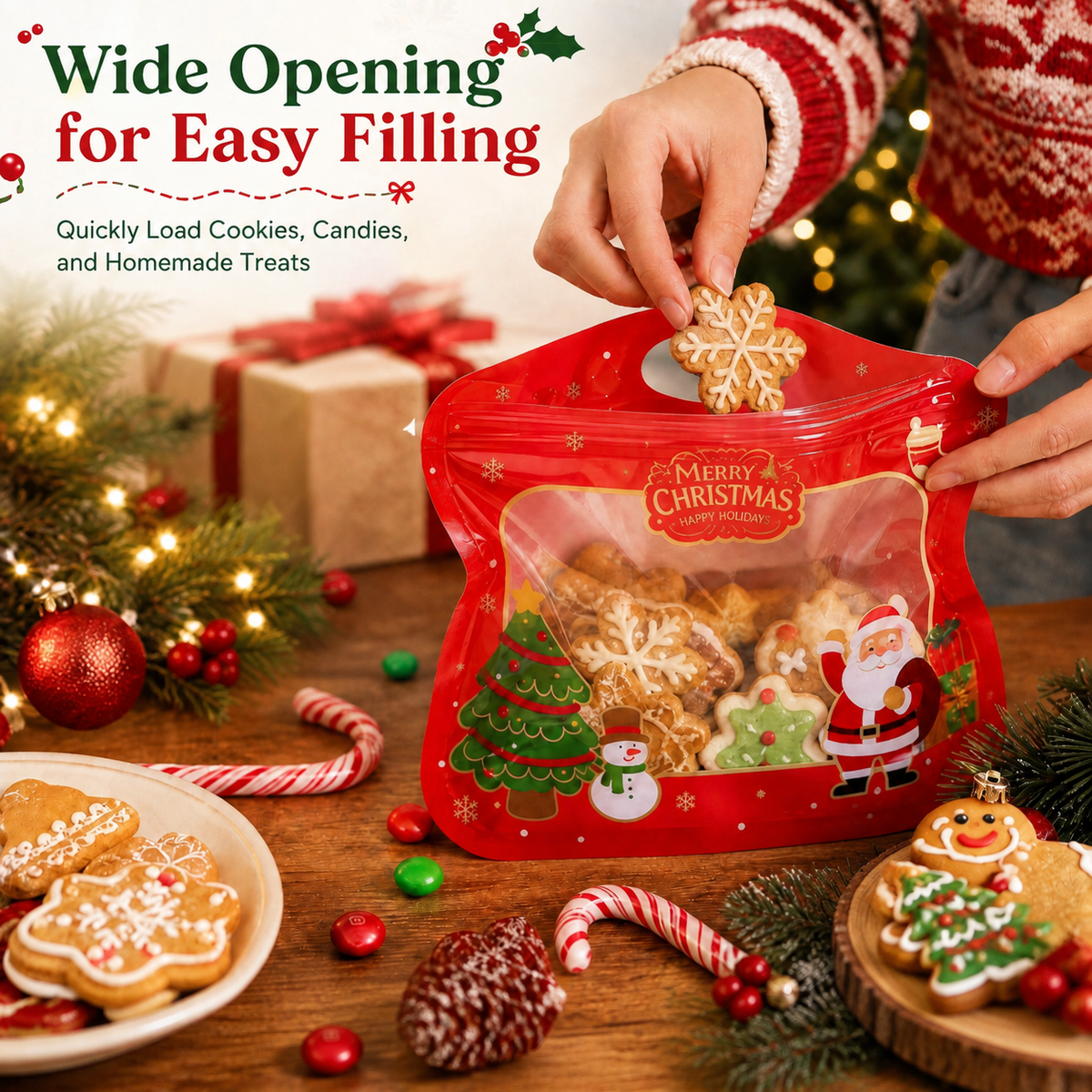🎄Festive Self-Seal Treat Bags – Santa & Snowman Print, Food-Safe & Perfect for Cookies, Chocolates & Little Gifts🎅⛄