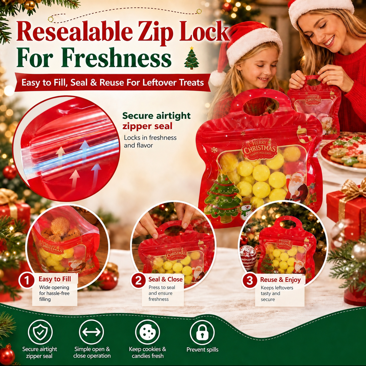 🎄Festive Self-Seal Treat Bags – Santa & Snowman Print, Food-Safe & Perfect for Cookies, Chocolates & Little Gifts🎅⛄