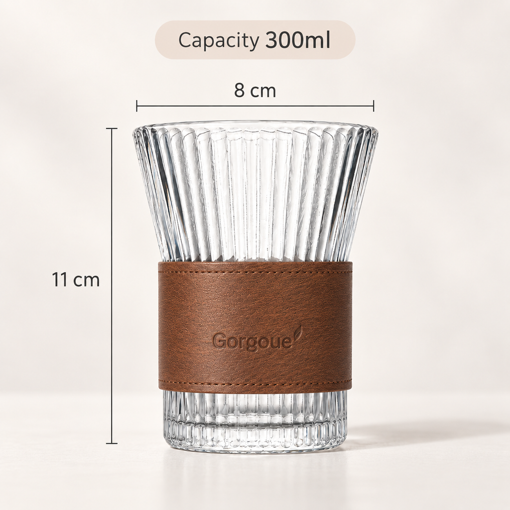 Ribbed Glass Tumbler with Leather Sleeve, 300ml Aesthetic Drinking Cup for Coffee, Tea & Everyday Drinks