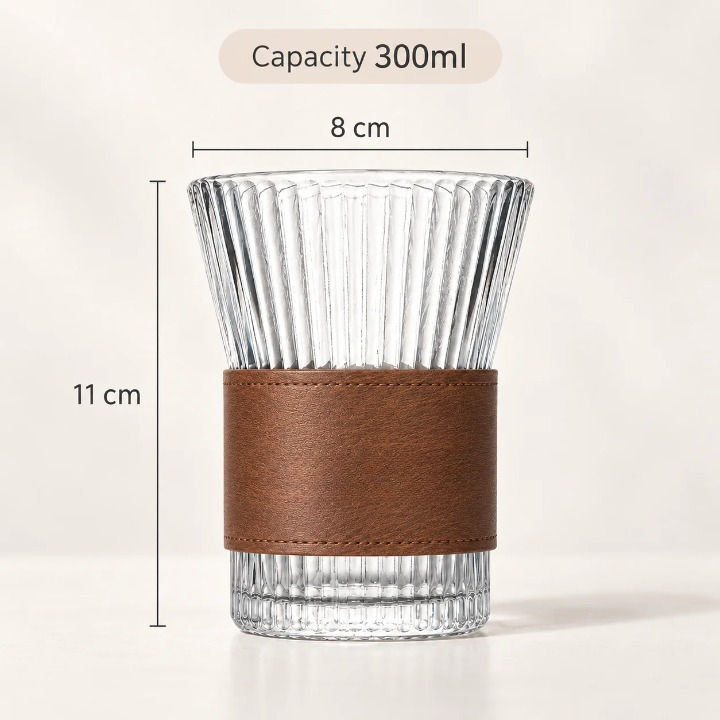 Ribbed Glass Tumbler with Leather Sleeve, 300ml Aesthetic Drinking Cup for Coffee, Tea & Everyday Drinks