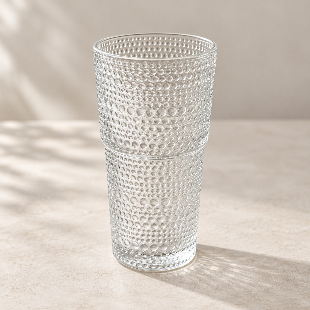 Vintage Embossed Glass Cup – Textured Drinking Glass for Coffee, Tea & Everyday Moments