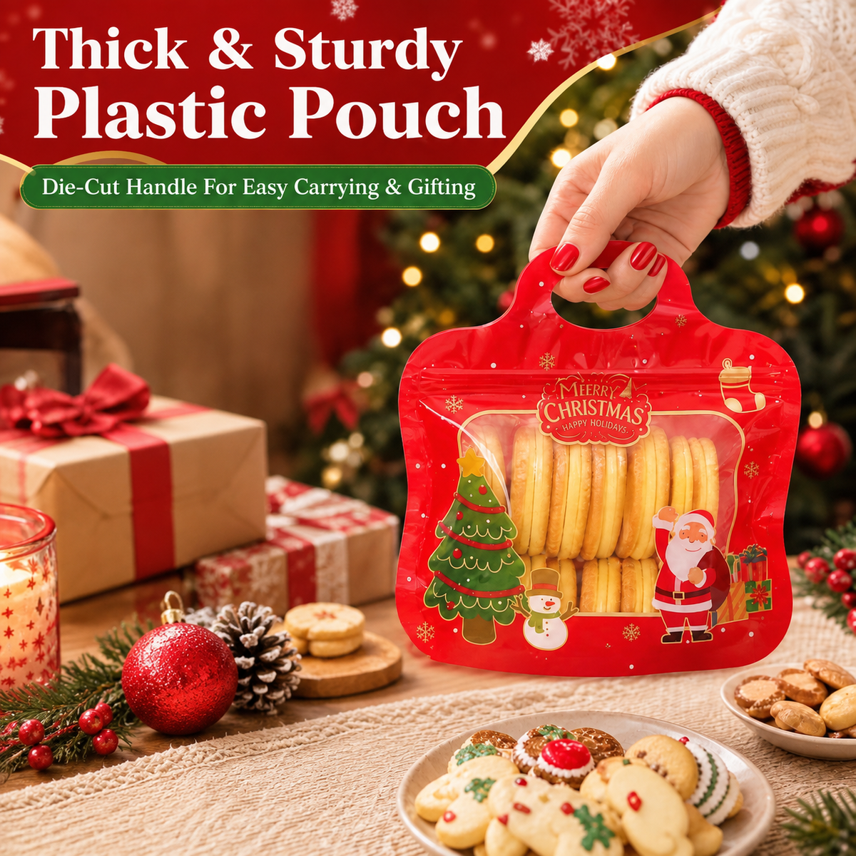 🎄Festive Self-Seal Treat Bags – Santa & Snowman Print, Food-Safe & Perfect for Cookies, Chocolates & Little Gifts🎅⛄