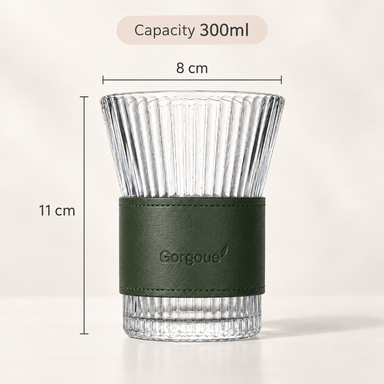 Ribbed Glass Tumbler with Leather Sleeve, 300ml Aesthetic Drinking Cup for Coffee, Tea & Everyday Drinks