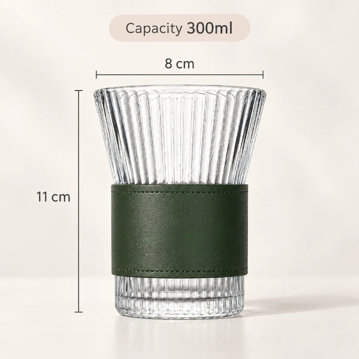 Ribbed Glass Tumbler with Leather Sleeve, 300ml Aesthetic Drinking Cup for Coffee, Tea & Everyday Drinks