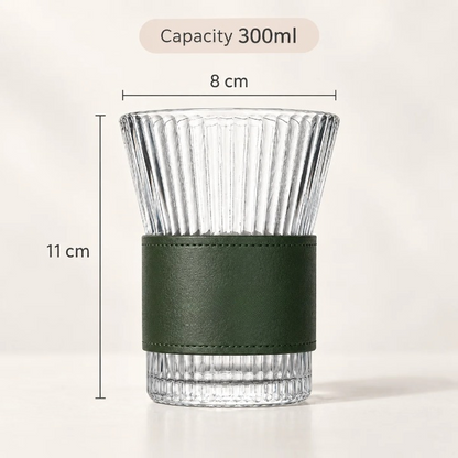 Ribbed Glass Tumbler with Leather Sleeve, 300ml Aesthetic Drinking Cup for Coffee, Tea & Everyday Drinks
