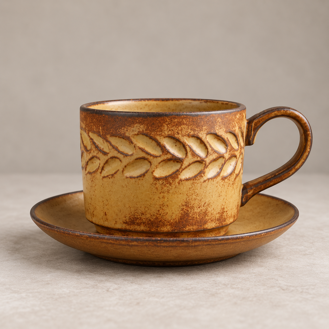 Vintage Ribbed Ceramic Coffee Mug with Saucer, Handmade Style Coffee Cup
