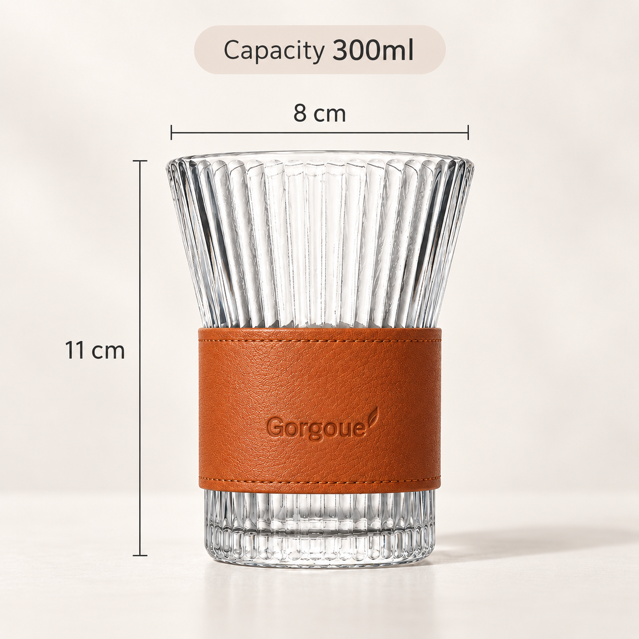 Ribbed Glass Tumbler with Leather Sleeve, 300ml Aesthetic Drinking Cup for Coffee, Tea & Everyday Drinks